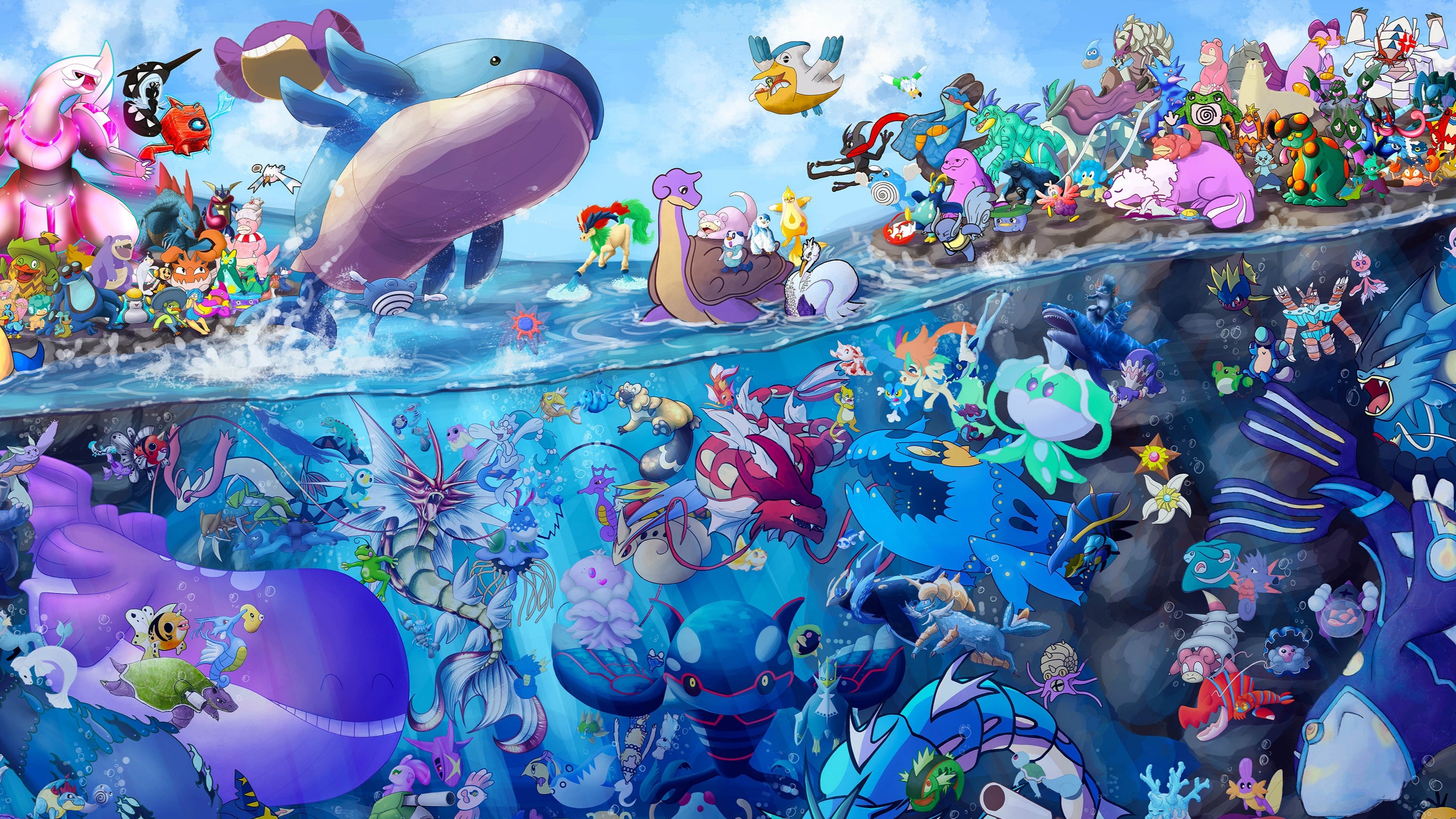 Colorful underwater scene with various Pokémons.